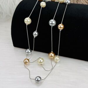 Beautiful Silvertone metallic faux pearls double strand necklace